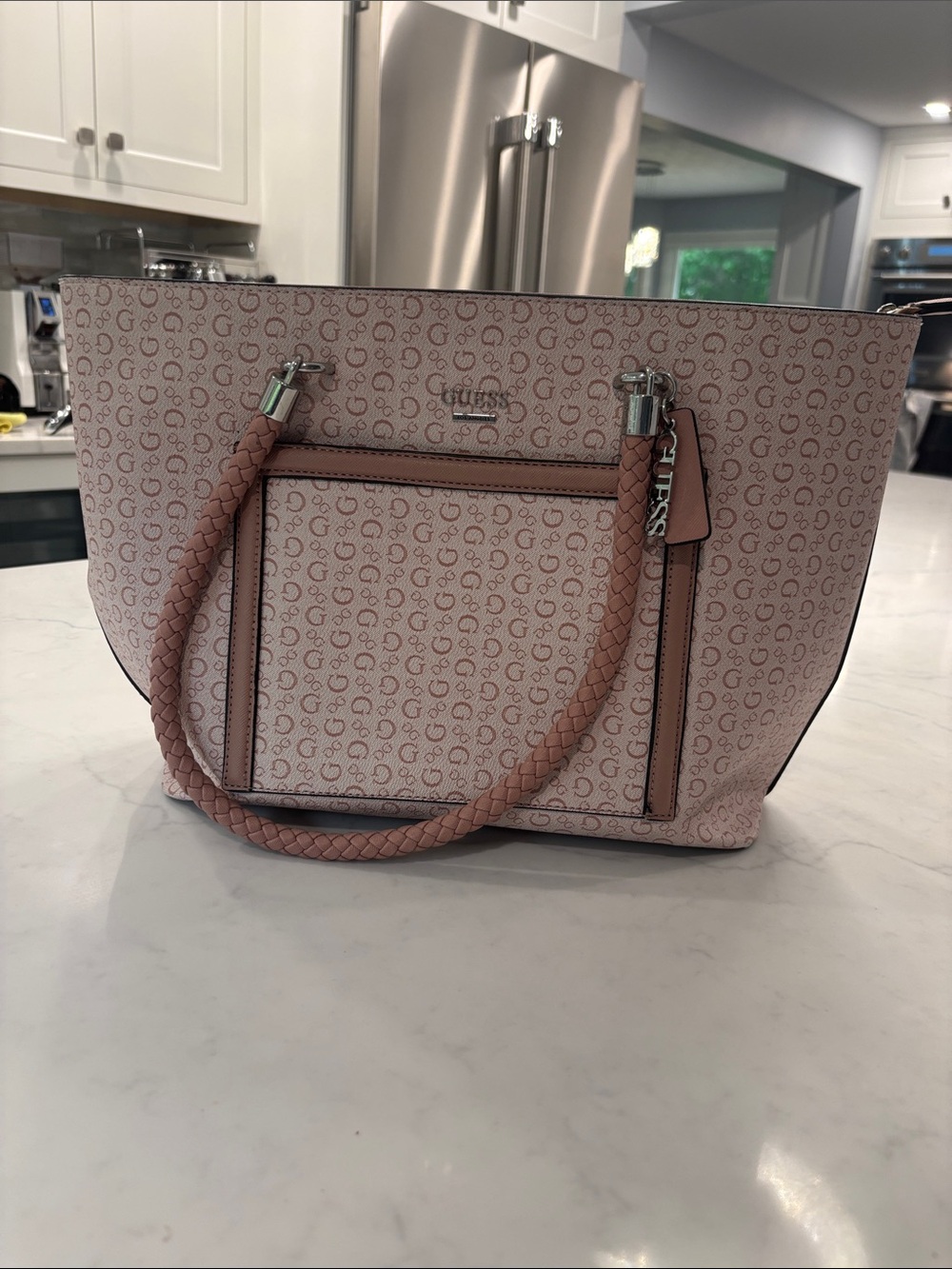 GUESS Blush Pink Monogram Tote with Braided Handles
